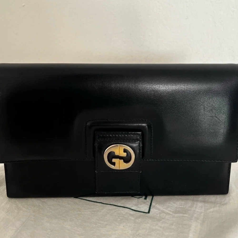 Rare Vintage Gucci Shoulder Clutch Bag Black Leather 1970s